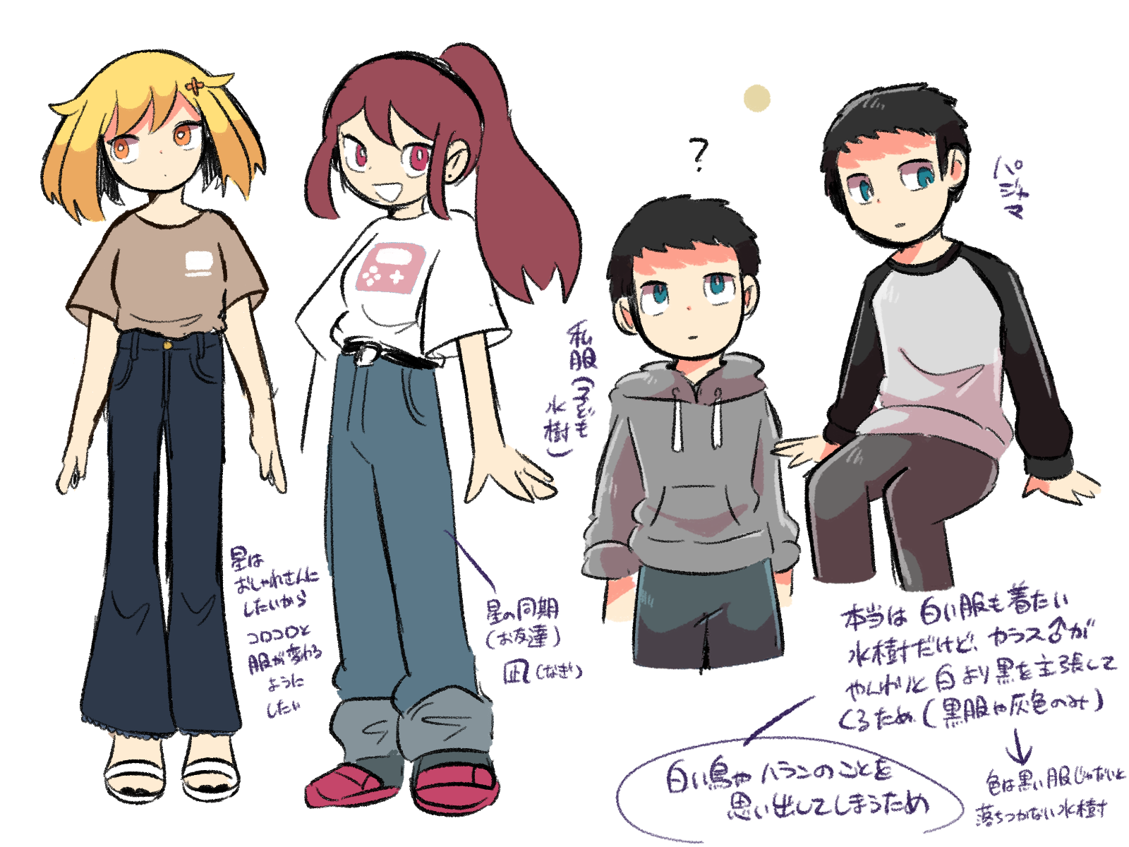 星はおしゃれさんにしたかったため、いろんな服を描いてました。<br>
    後は星の同期でお友達など。