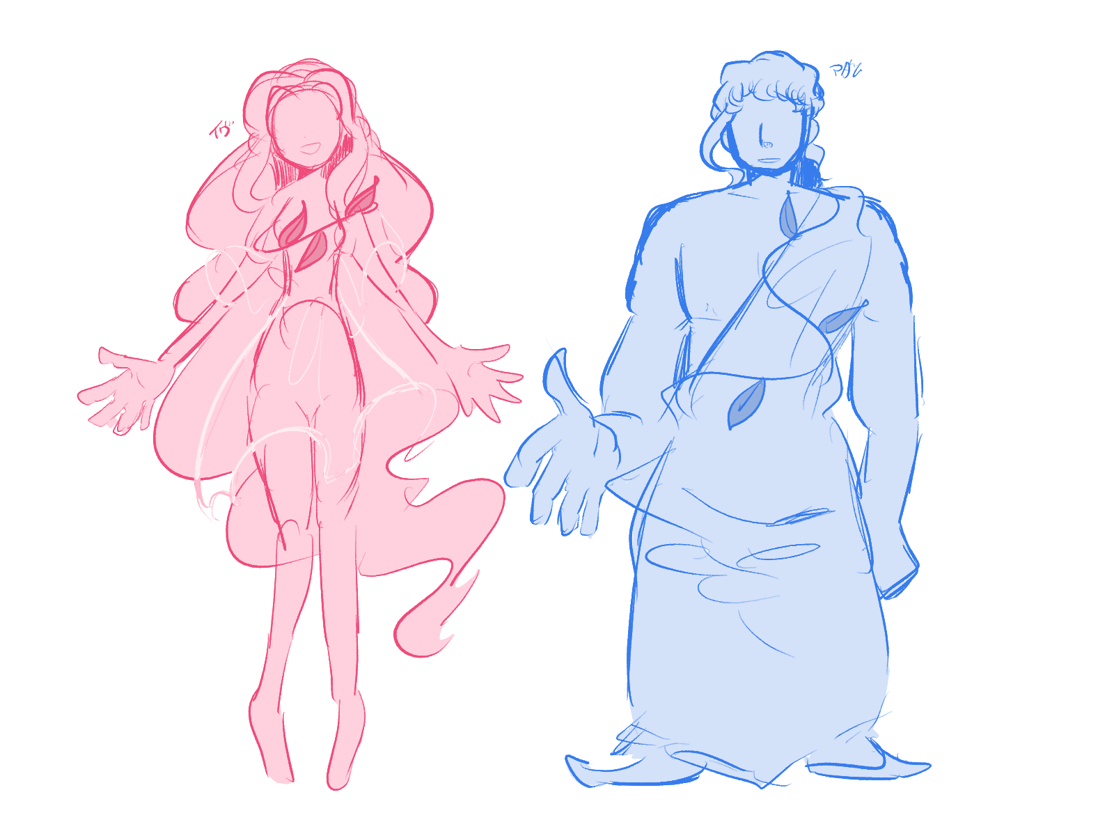 「両性の生殖器」に出てくる初期設定のアダム(男)とイヴ(女)<br>
    最初は男女の違いを分かりやすくするために青(男)とピンク(女)で描き分けていましたが、X(旧Twitter)でピンク色がセンシティブ判定されそうだなとなり結局二人とも灰色にしました。