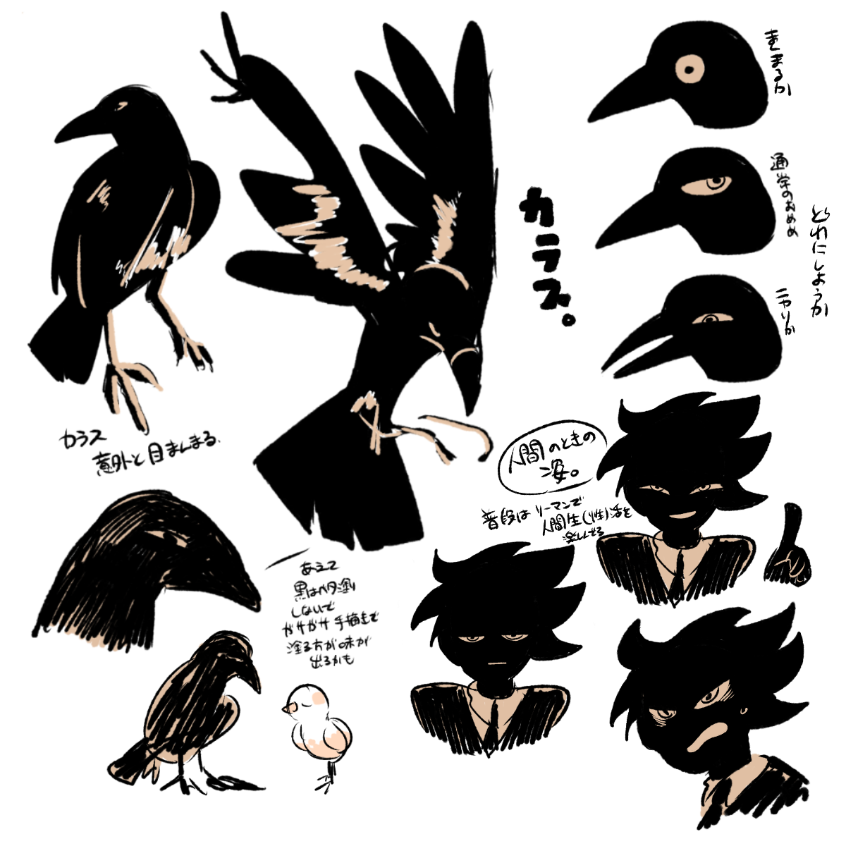 人間の姿じゃないときのカラス。<br>
    この時もキャラデザをいろいろと練っておりガリガリ描いてました。