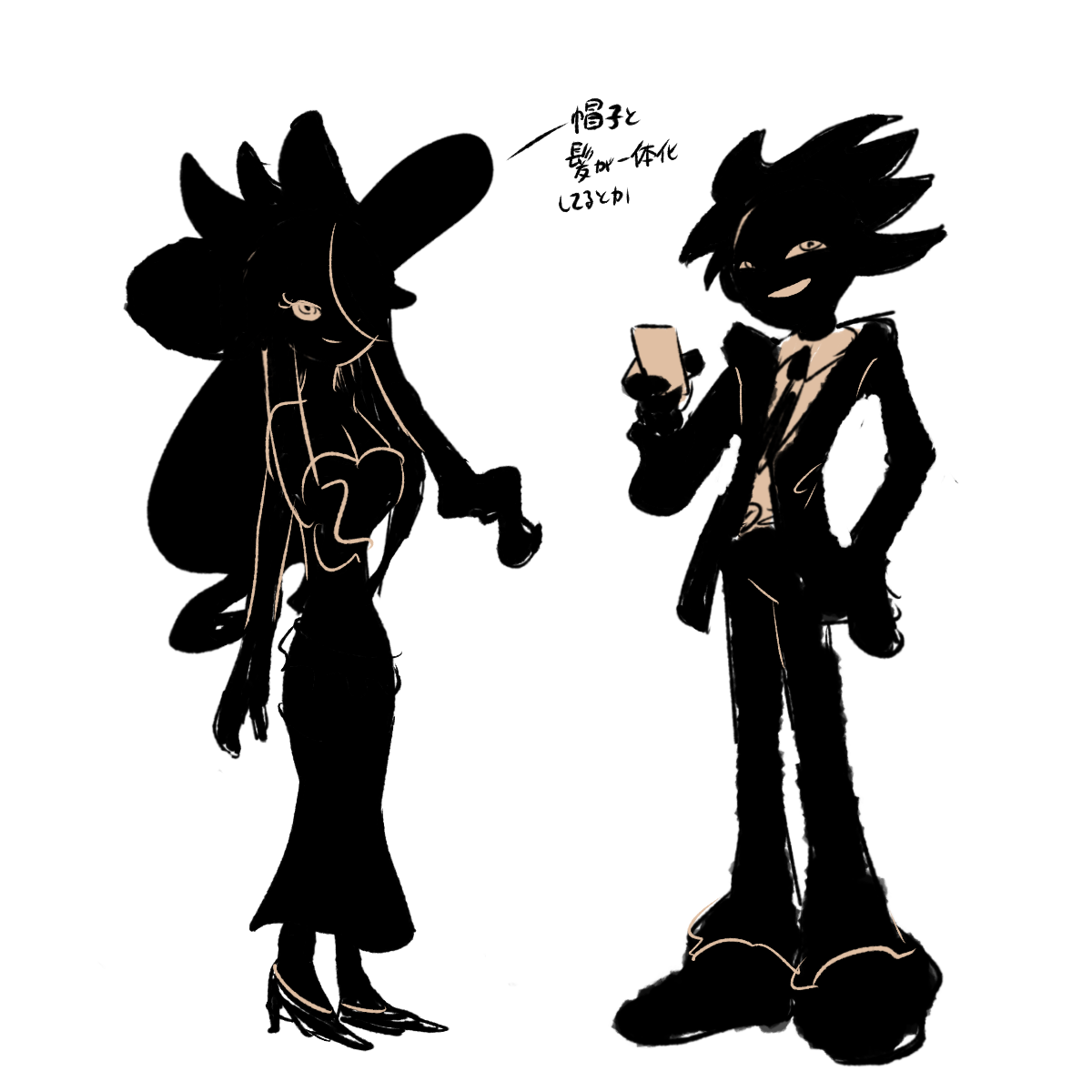 初期設定の人間の姿の時のカラス♂♀<br>
    最初はカラスらしくクチバシをつけたりしていましたが人間要素を強めるために結局無くしました。(まだこの頃はキャラデザを模索中でざっくり描いてました)
    