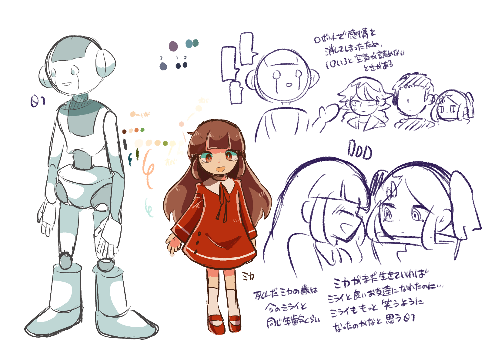 「生き残りの恐竜たち」に出てくるキャラクター「01」と「ミカ」<br>
    ロボットキャラが好きなので01は描いてて楽しい。